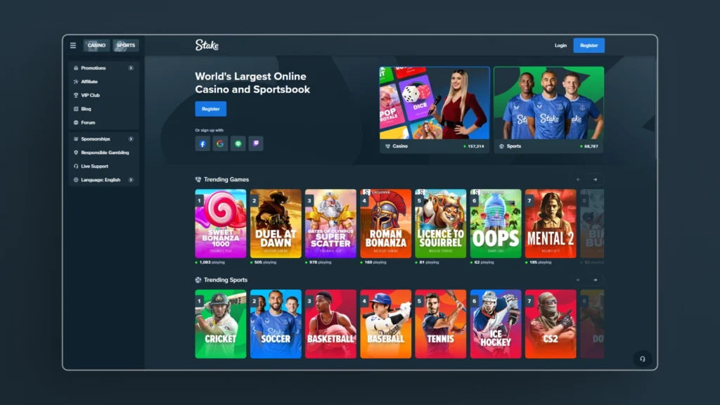 Stake.com homepage showcasing crypto casino games and sports betting markets